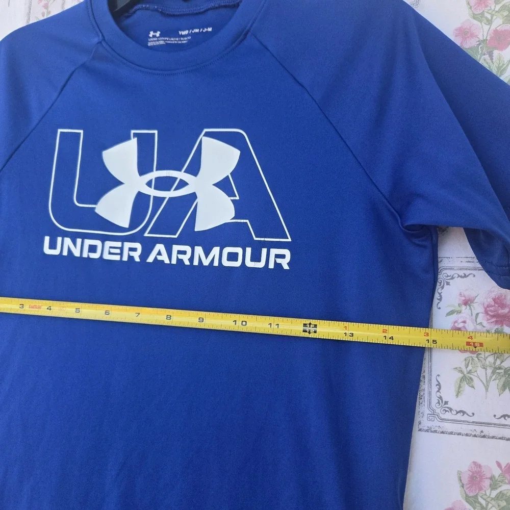 Under Armour Boys Shirt Youth Medium YMD Royal Blue Short‎ Sleeve Big LogoLoose